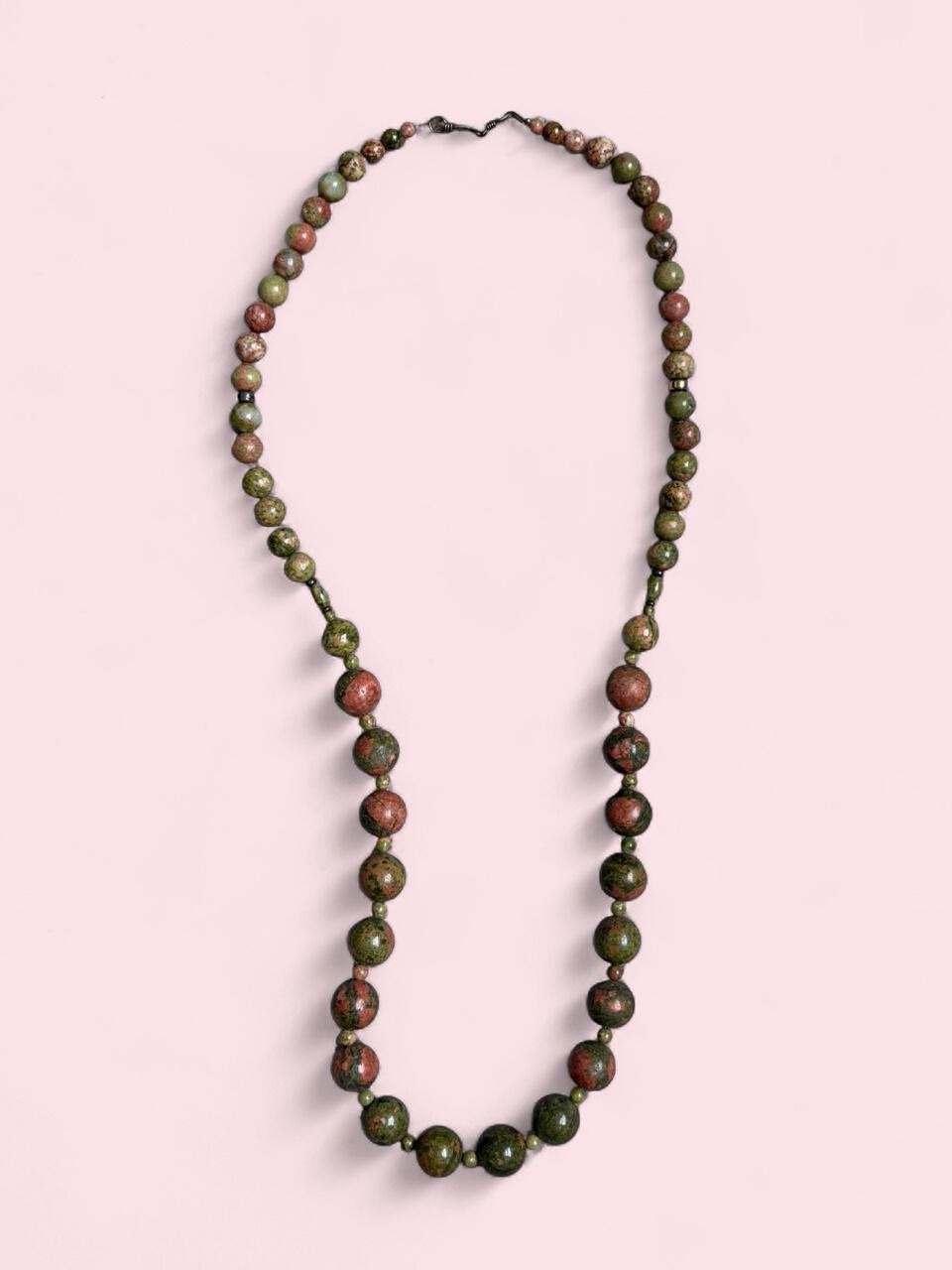 Unakite Stone Boho Green And Pink Beaded Necklace - Women Jewelry